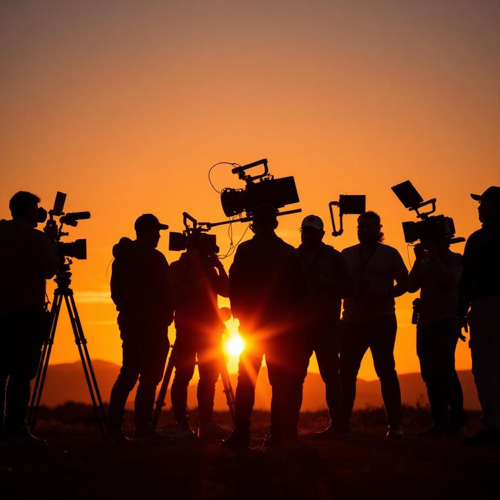 Film crew on location at golden hour